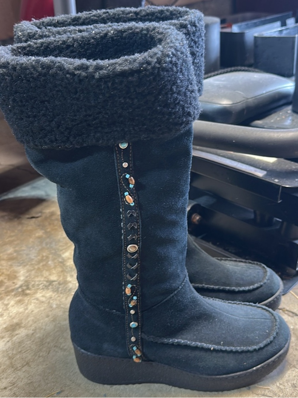Steve Madden Black Suede Tall Shearling-Trim Boots with Turquoise Accents
